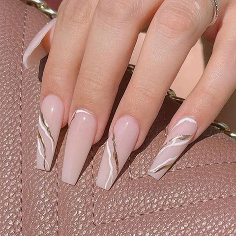24pcs/Box fake nail with design Detachable Pink Cloud Coffin False Nails Wearable Ballerina Fake Nails Full Cover Nail Tips