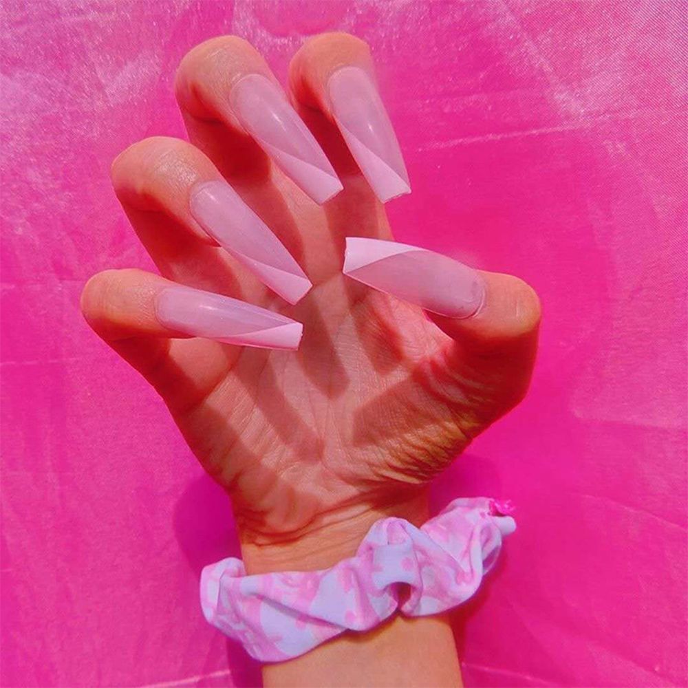 European Long Coffin Fake Nails Simple Nude Pink Wave Pattern Fingernail Makeup Full Acrylic Ballerina Nail Art Tips 24pcs/Box
