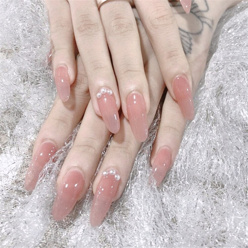 Beyprern New 24pcs Detachable French Long Oval Head False Nails Wearable press on Fake Nails Full Cover Ballerina Nail Tips With Glue