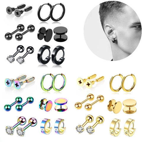 Beyprern 12PCS Stainelss Steel Punk Earrring Set Men Earring Hoop Lot Gothic Earring Pack For Women Men Fake Ear Plug Unisex Ear Stud Set