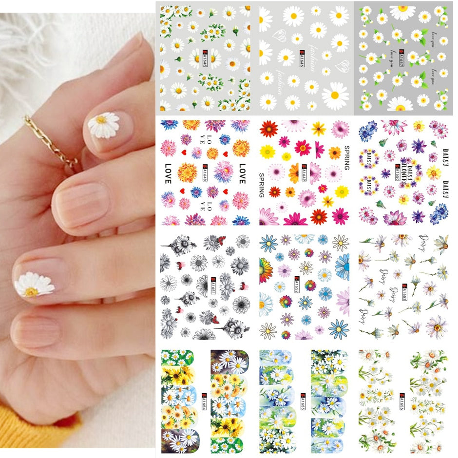 Beyprern 12Pcs Daisy Nail Sticker Summer Nail Design DIY Sunflower Cherry Blossoms Water Sliders Manicure Decoration Decals CHA1645-1656