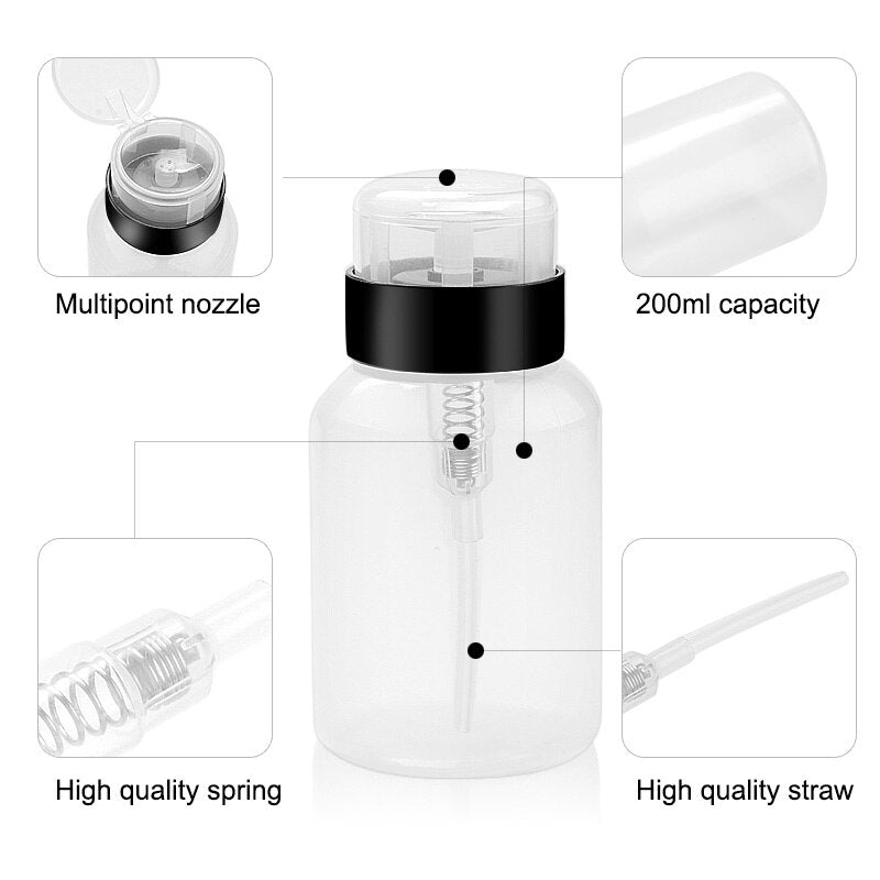 1Pcs 200ml 2 Color Nail Polish Remover Alcohol Liquid Press Pumping Bottle Nail Art UV Gel Cleaner Empty Plastic Container Tool