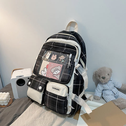 Korean Japanese Large Capacity Canvas Backpack Fashionable Schoolgirl Campus Plaid Style Schoolbag Lovely Hand Travel Bag Cool