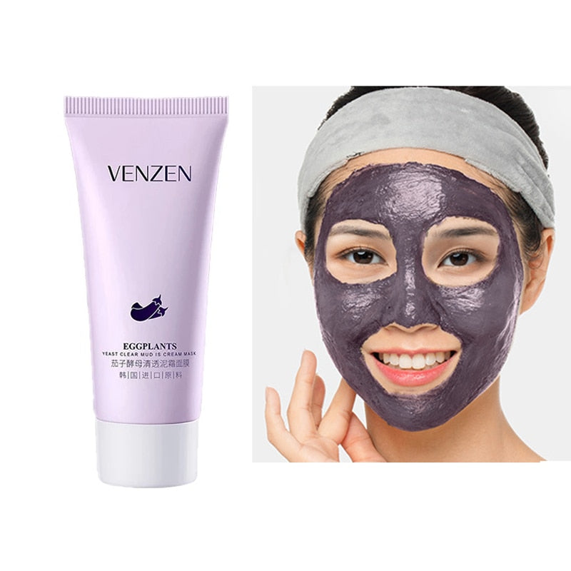 60g Eggplant Yeast Fresh Mud Mask Whitening Brighten Anti-Wrinkle Firming Fades Fine Lines Facial Cleansing Moisturizing Care