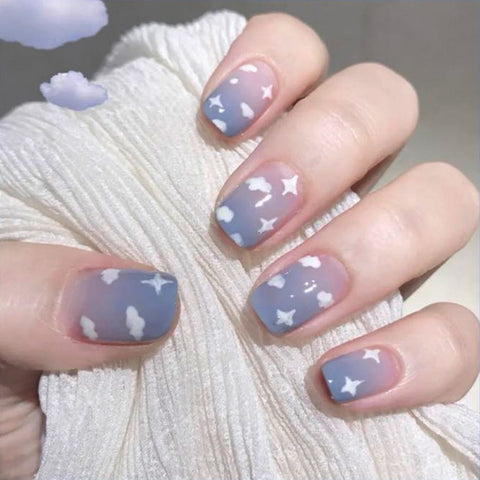 24Pcs/Set Blue Sky White Cloud Pattern Design False Nail French Stiletto Full Cover Fake Nails Glue DIY Manicure Nail Art Tools