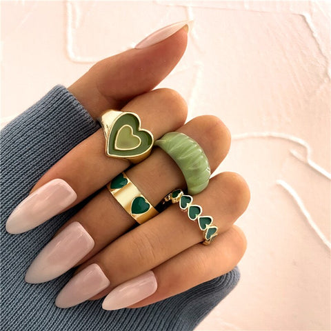 Beyprern 17KM Bohemian Heart Chain Rings Set For Women Fashion Pink Green Love Heart Ring  Jewelry Party