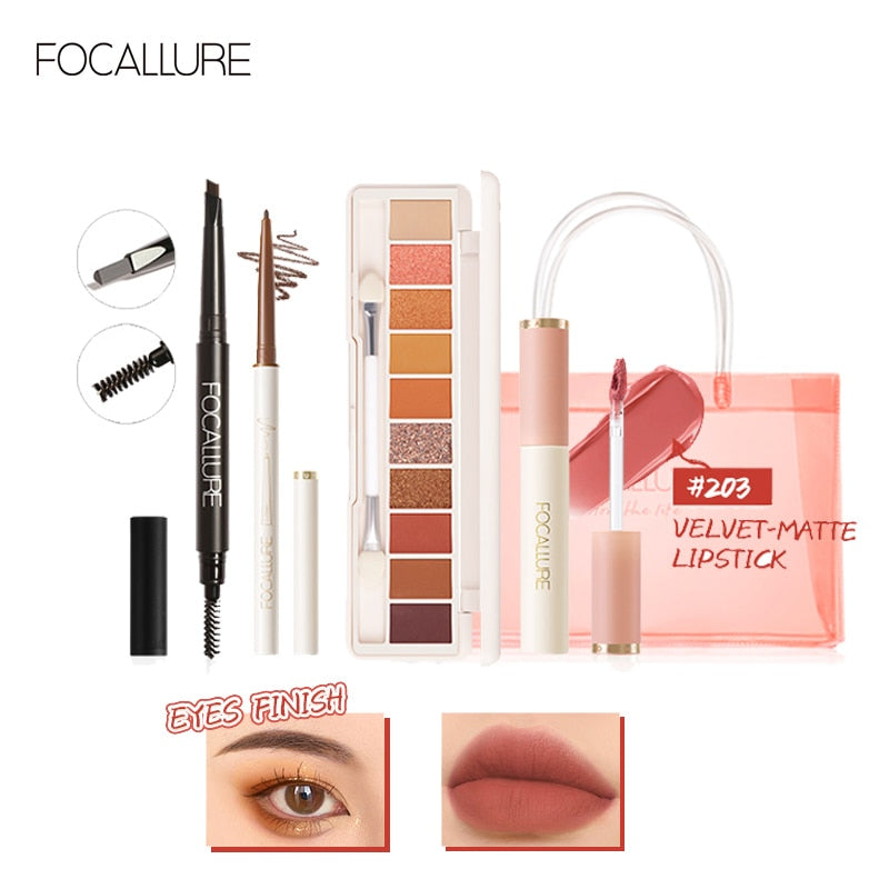 FOCALLURE 5 PCS Makeup Set Korean Style Eyeshadow Palette Waterproof Eyebrow Pencil Lightweight Eyeliner Gel and Velvet Lipstick