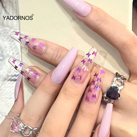 Easter  24PCS Long Press on Nail Shiny Butterfly Design Sweet Style Full Coverage Nails Removable Save Time Finished Nails Piece TY