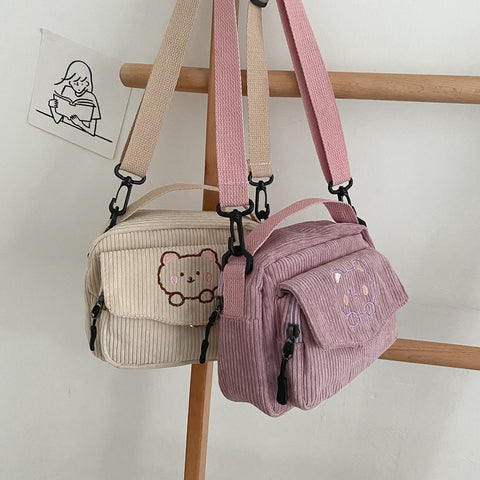 Beyprern Cute Girl Handbag Corduroy Shoulder Crossbody Bag Bear Messenger Bag Daughter GiftHarajuku Canvas Bag Lovely Girl Bag
