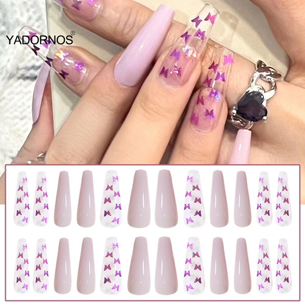 Easter  24PCS Long Press on Nail Shiny Butterfly Design Sweet Style Full Coverage Nails Removable Save Time Finished Nails Piece TY