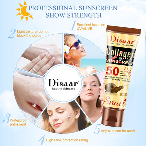 Beyprern Collagen Snail Facial Solar Blocker Sunscreen Cream UVA Protection Face Skin Solar Whitening Anti Aging SPF50 Sun Block Lotion