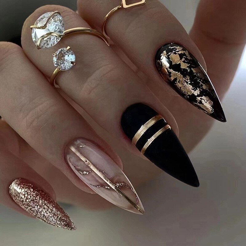 Beyprern current nail trends 2023  24Pcs Long Almond Nails Set Press on Pink Stiletto False Nails Red Lips Design Nail Tips Glitter Wearable Full Cover Fake Nails