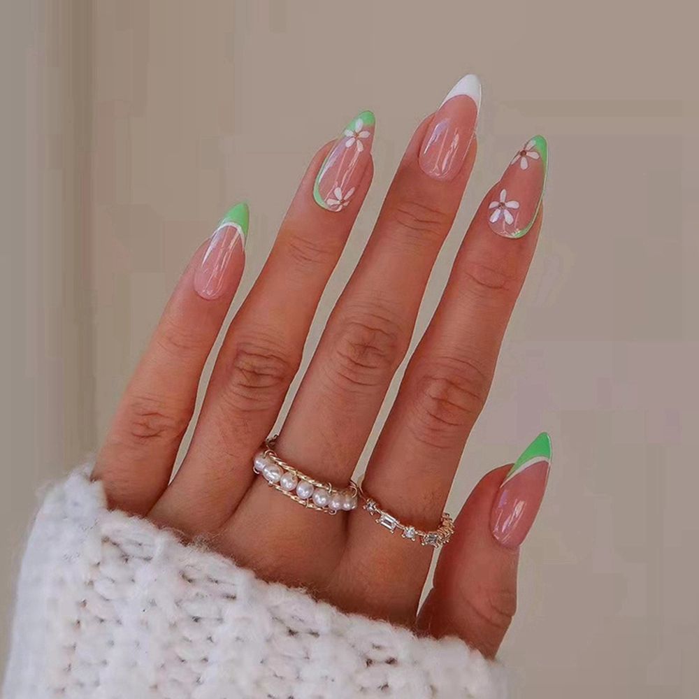 24pcs Green White French Fake Nails Wearable Almond Round Nail Art Simple Press on Nails False Nails With Design Wholesale