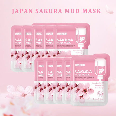 Beyprern 10Pc Japan Sakura Face Mud Mask Whitening Moisturizing Anti-Aging Care Oil-Control Brightening Cleansing Clay Facial Mask