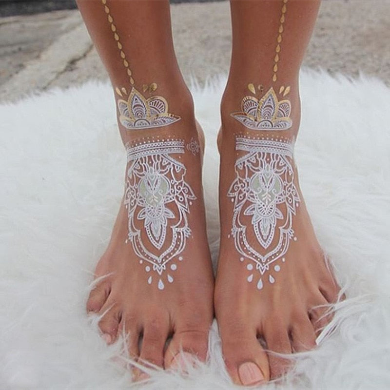 Beyprern Temporary Waterproof Tattoo Sticker For Women Sexy Mandala Henna White Bride Wedding Bracelet Jewelry Lace Tatoo Body Art