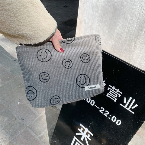 Beyprern Japanese Style Corduroy Cosmetic Bag Women Handbags Purses Smile&Dots Makeup Organizer Storage Makeup Bag Girls Pencil Case Bags