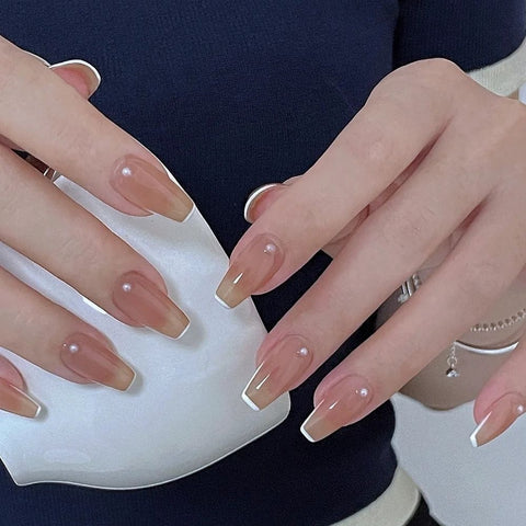 24Pcs Coffin White Pearl French Fake Nails Wearable Ballerina Fake Nails Full Cover Acrylic Nail Tips Press On Nails With Glue