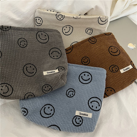 Beyprern Japanese Style Corduroy Cosmetic Bag Women Handbags Purses Smile&Dots Makeup Organizer Storage Makeup Bag Girls Pencil Case Bags