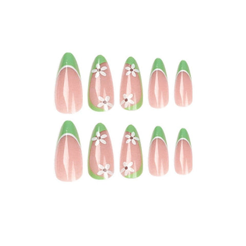 24pcs Green White French Fake Nails Wearable Almond Round Nail Art Simple Press on Nails False Nails With Design Wholesale