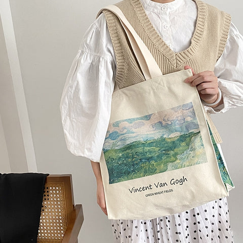 Beyprern Extra Thick Canvas Female Shoulder Bag Van Gogh Morris Vintage Oil Painting Zipper Books Handbag Large Tote For Women Shopping