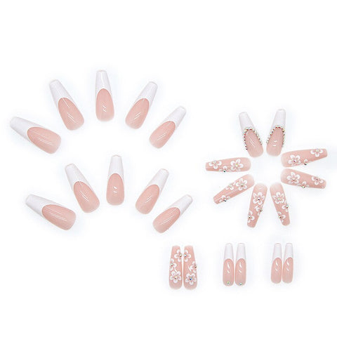 Beyprern White Flower French Nails Set Press On XL Length With Rhinestone Designs Faux Ongles