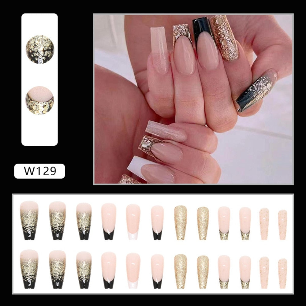 Beyprern 24Pcs Press On Full Cover Nails Tips Black And White Colorblock Fake Nails Long Coffin False Nails Gold Glitter Sequins Designs