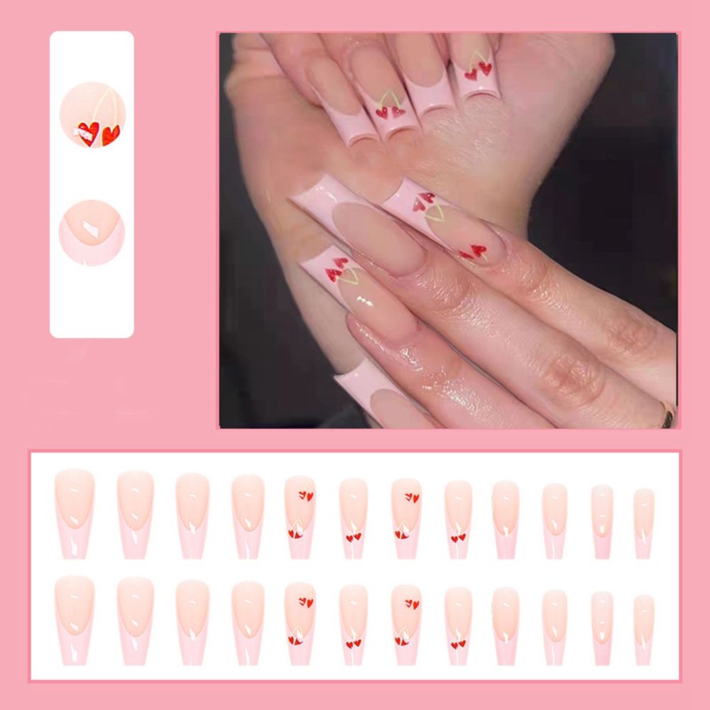 24pcs Detachable Pink Long Coffin False Nails Love Cherry With Design Wearable Fake Nails Full Cover Press on Nail