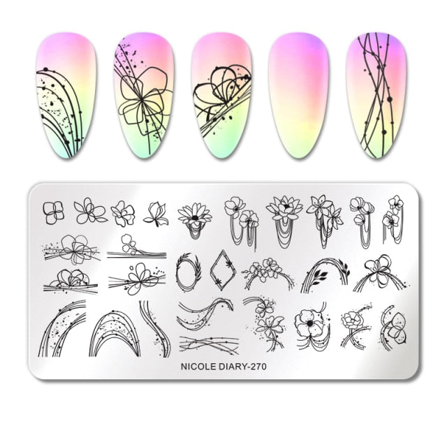 NICOLE DIARY Leaves Flower Stripe Design Stamping Plates Abstract Lady Face Nail Stamp Templates Leaf Floral Printing Stencil
