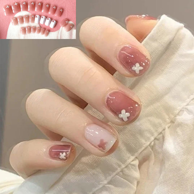Short Square French Fake Nail Press On False Nail With Glue Designs Set Full Cover Artificial Simple Pink Ins Style Art Nail Tip