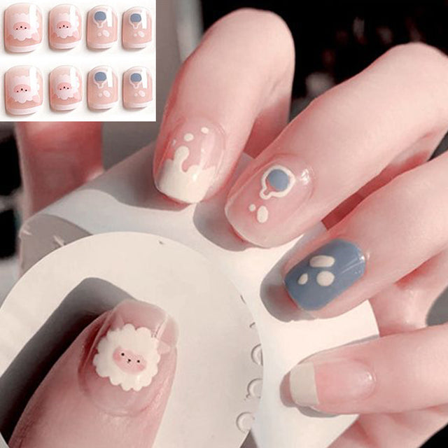 Short Square French Fake Nail Press On False Nail With Glue Designs Set Full Cover Artificial Simple Pink Ins Style Art Nail Tip